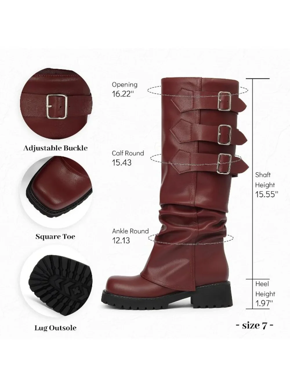 Women's Burgundy Block Heeled Square Toe Fold Over Knee High Moto Riding Boots